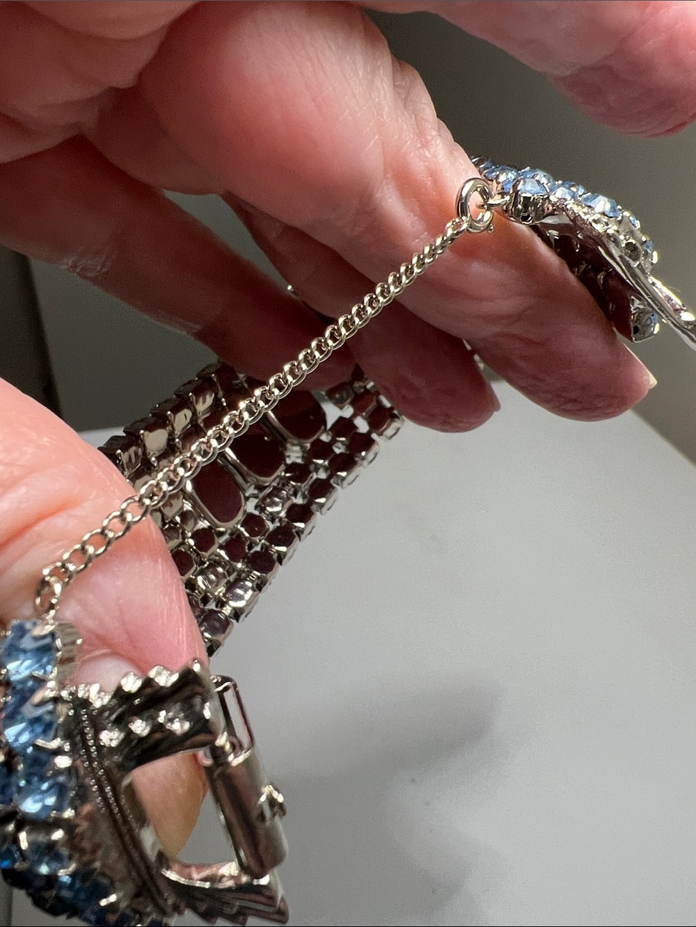 Vintage Brilliant Blue Crystal & Silver Bracelet with Safety Chain - Picture 3 of 16